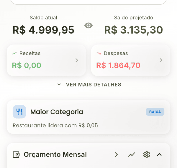 Painel do LAPI com Saldo atual e Saldo projetado lado a lado e, abaixo, os cards Receitas e Despesas