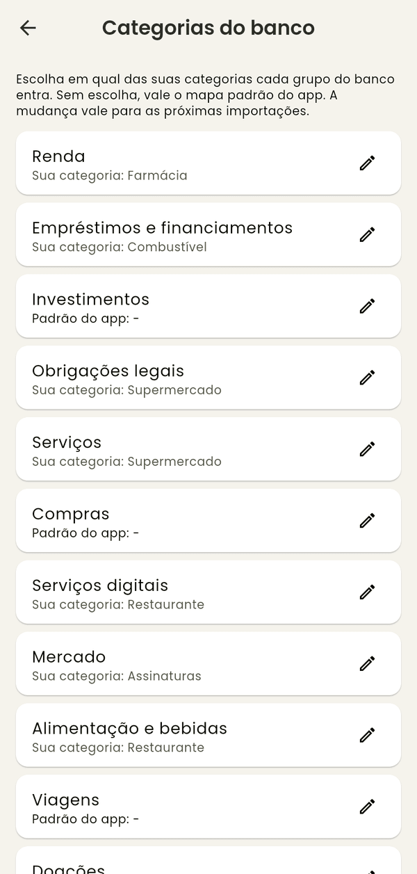 Tela Categorias do banco com a lista dos grupos do banco — Renda, Empréstimos e financiamentos, Investimentos, Obrigações legais, Serviços — cada um com o lápis para trocar a categoria