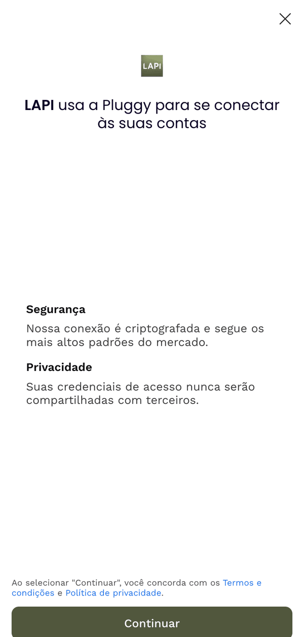 Tela da Pluggy com o título LAPI usa a Pluggy para se conectar às suas contas, os blocos Segurança e Privacidade e o botão Continuar