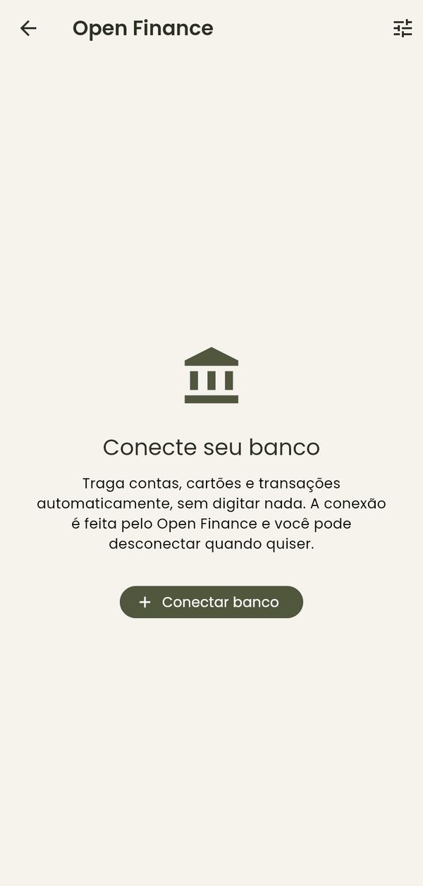Tela Open Finance com o título Conecte seu banco, o texto Traga contas, cartões e transações automaticamente e o botão Conectar banco; o ícone de ajustes no canto superior direito abre Categorias do banco