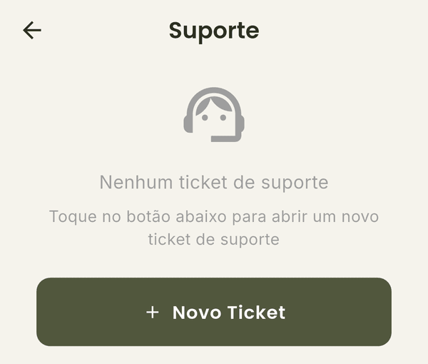 Tela Suporte sem tickets, com o botão Novo Ticket