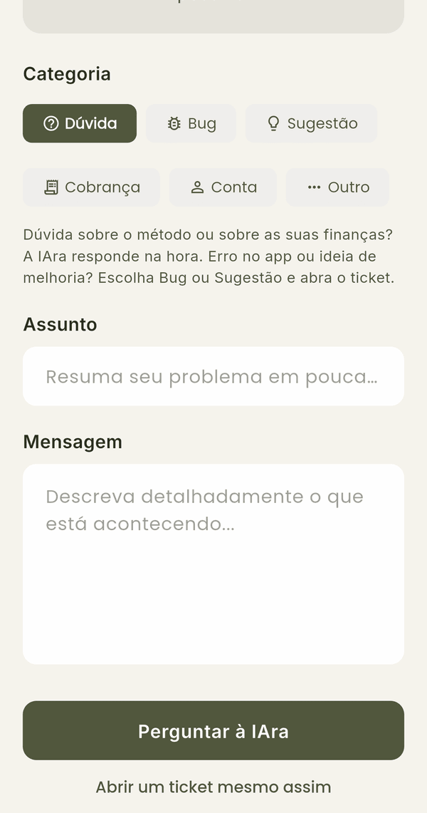 Formulário Novo Ticket com as categorias, Assunto, Mensagem e os botões Perguntar à IAra e Abrir um ticket mesmo assim